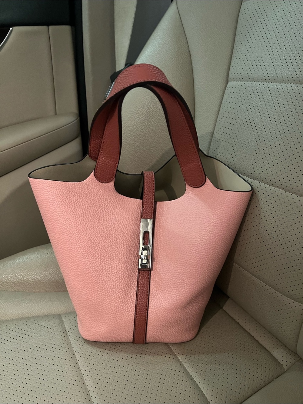 Pink Pebbled Leather Bucket Tote Bag